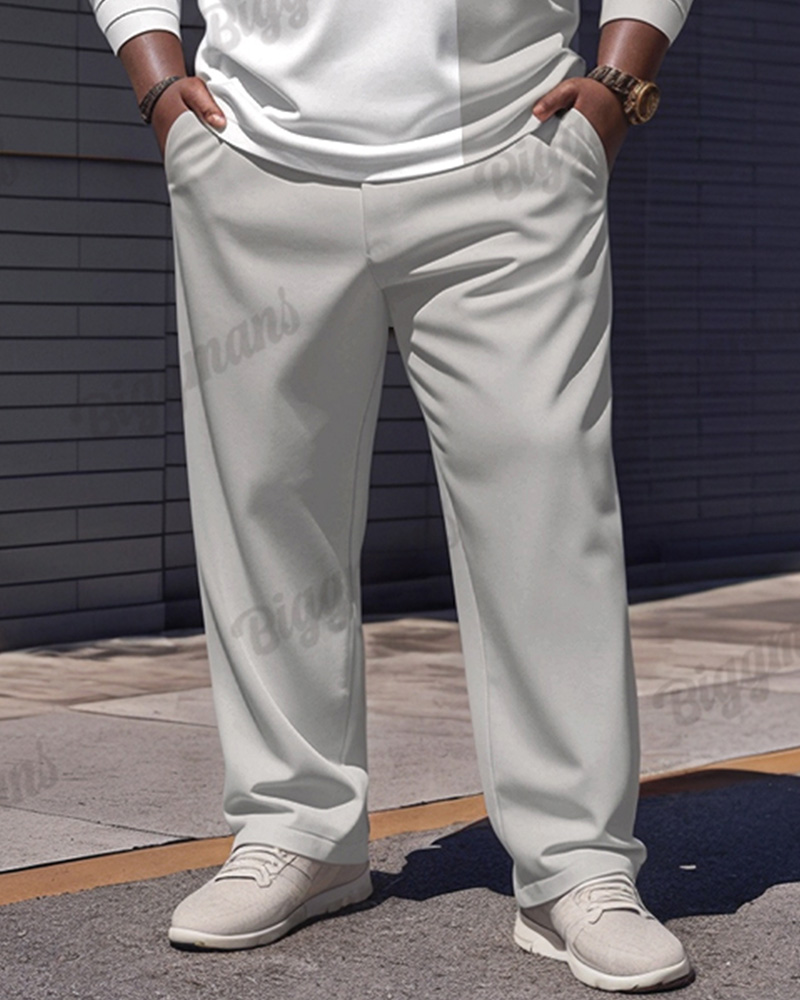 Men's Simple Light Gray Contrast Stripe Print Polo Shirt Zipper Pants Suit