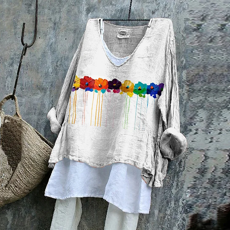 Vintage Floral Art Cotton Linen V Neck Casual Shirt