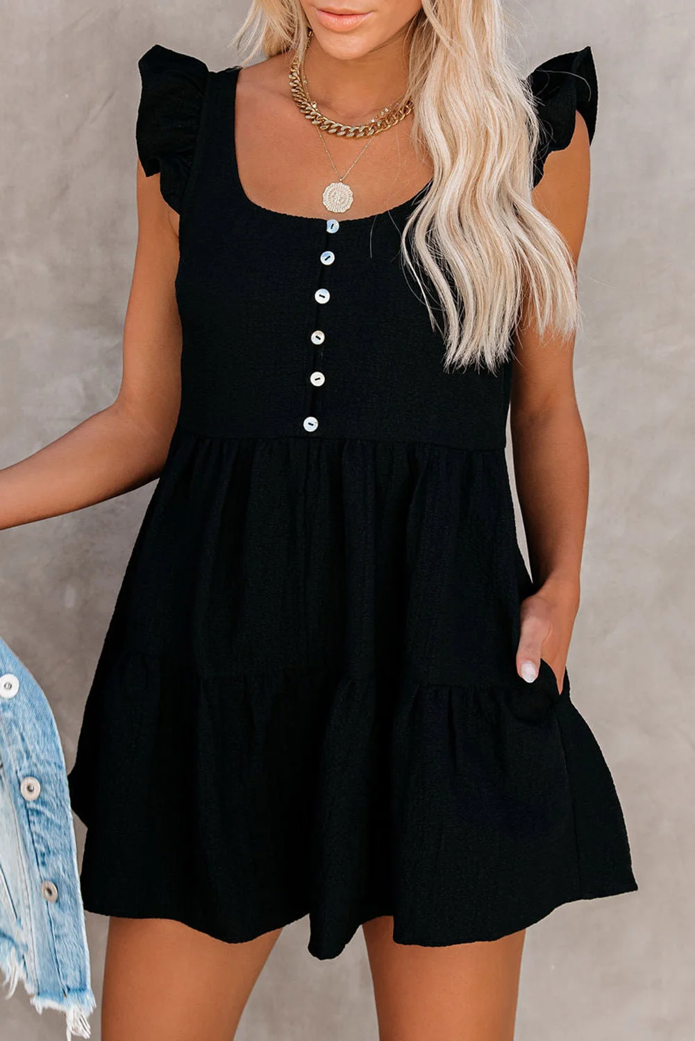 Black Flutter Shoulder Pocketed Babydoll Romper | IFYHOME