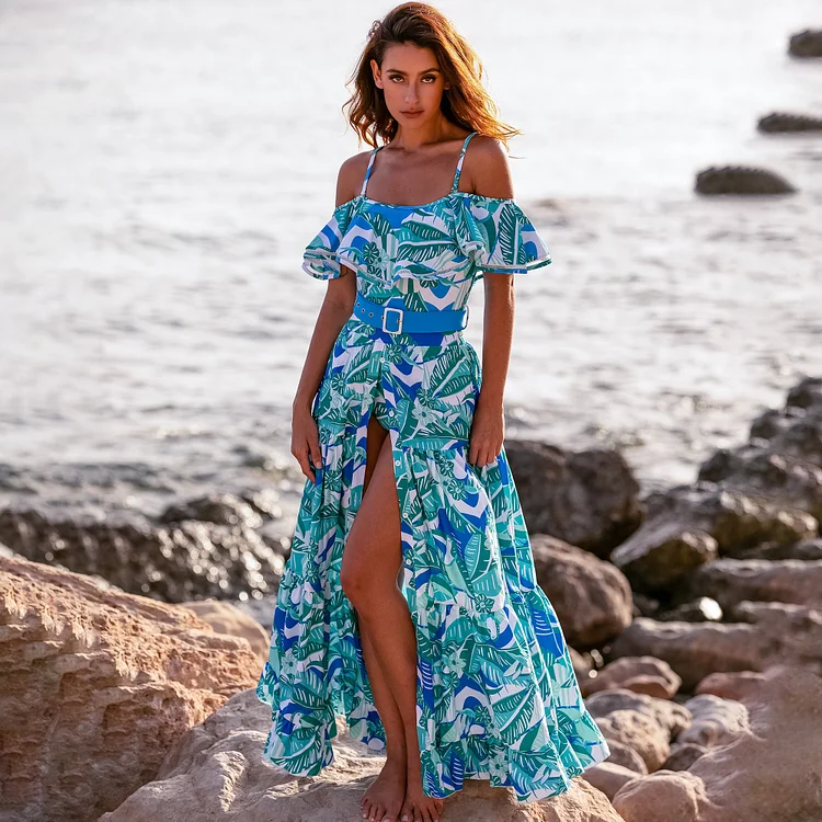 Off Shoulder Ruffled Tropical Print One Piece Swimsuit and Skirt Flaxmaker