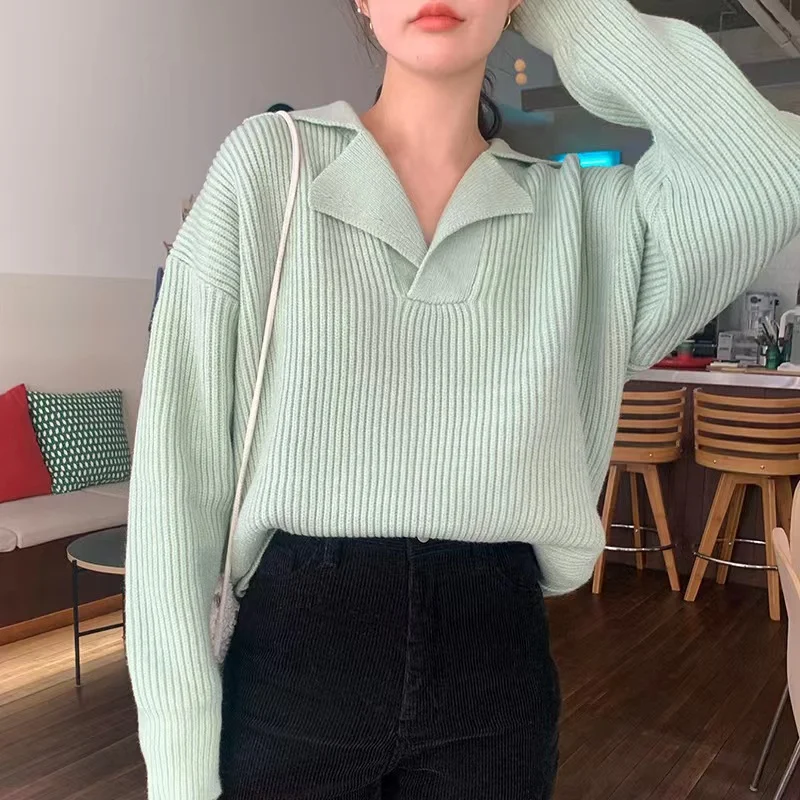 SOLOD COLOR STRIPED POLO COLLAR KNIT SWEATER