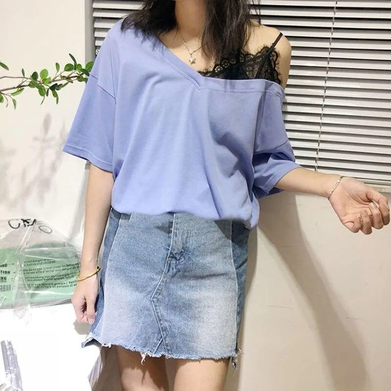95% Cotton Lace Fake 2 Piece Women T Shirt 2019 Summer Black White Blue Short Sleeve Female Tee Shirts