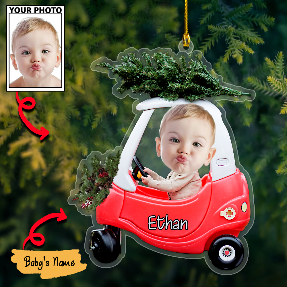 Custom Cute Baby Car Photo With Name for Merry Christmas Ornament