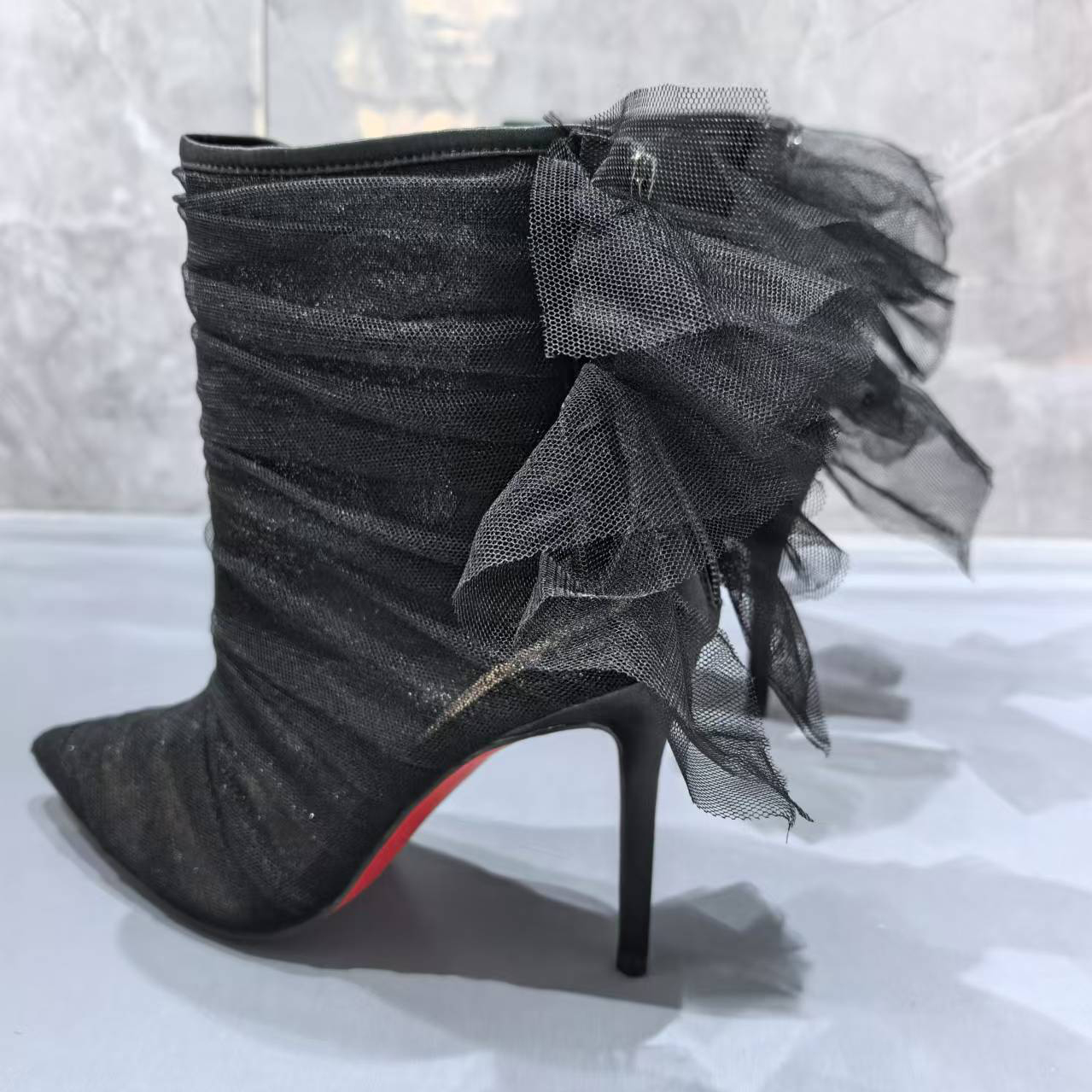 100mm Women's Black Breathable Mesh Boots Red Bottom Ankle Boots-MERUMOTE