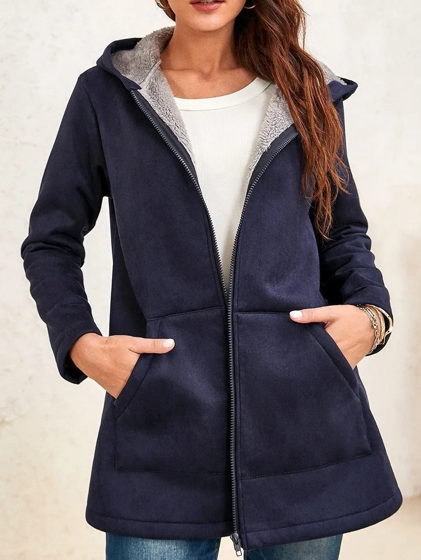 Ladies Two-Tone Suede Long-Sleeves Hooded Coat