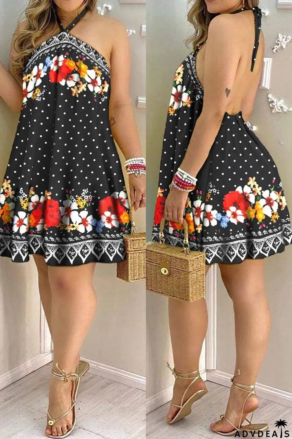 Black Fashion Casual Print Bandage Backless Halter Sleeveless Dress