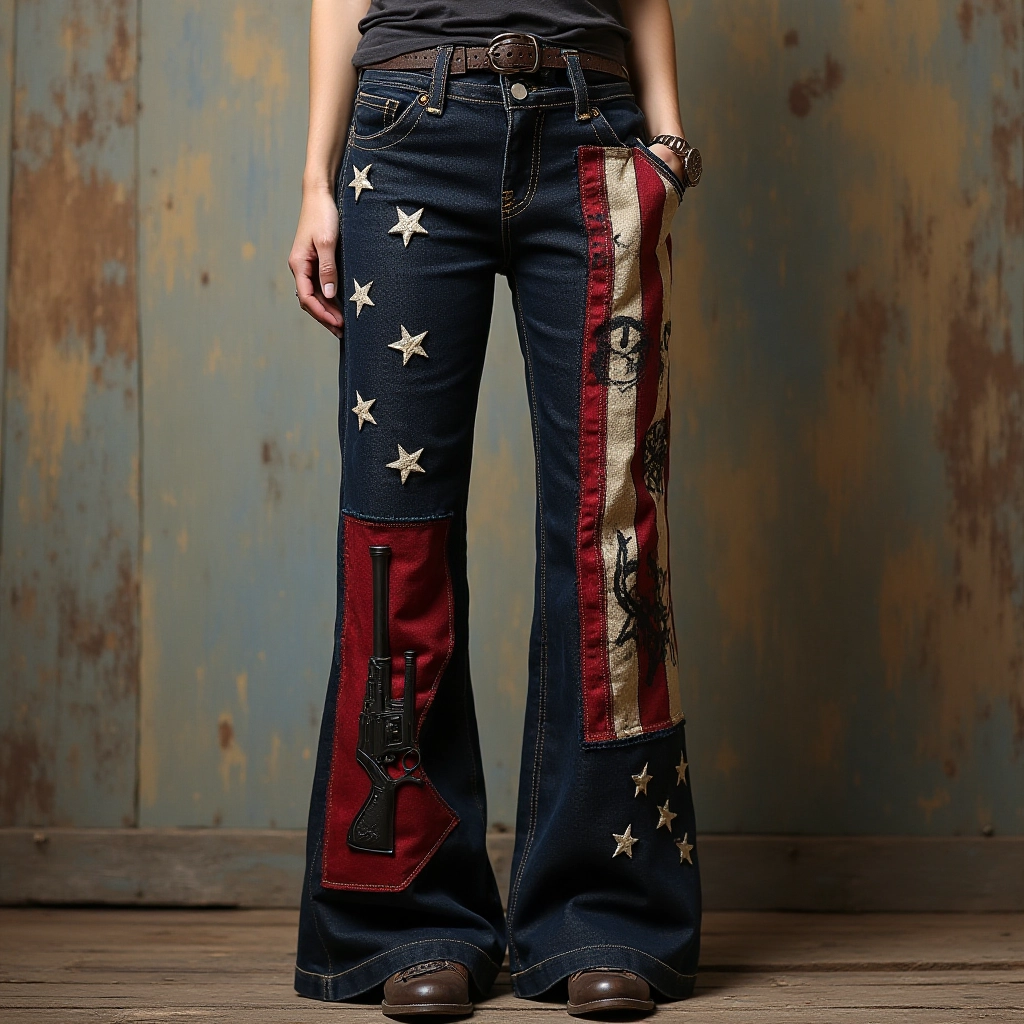 Vintage Independence Day America Flag And Gun Patchwork Art Design Jeans elevenforest