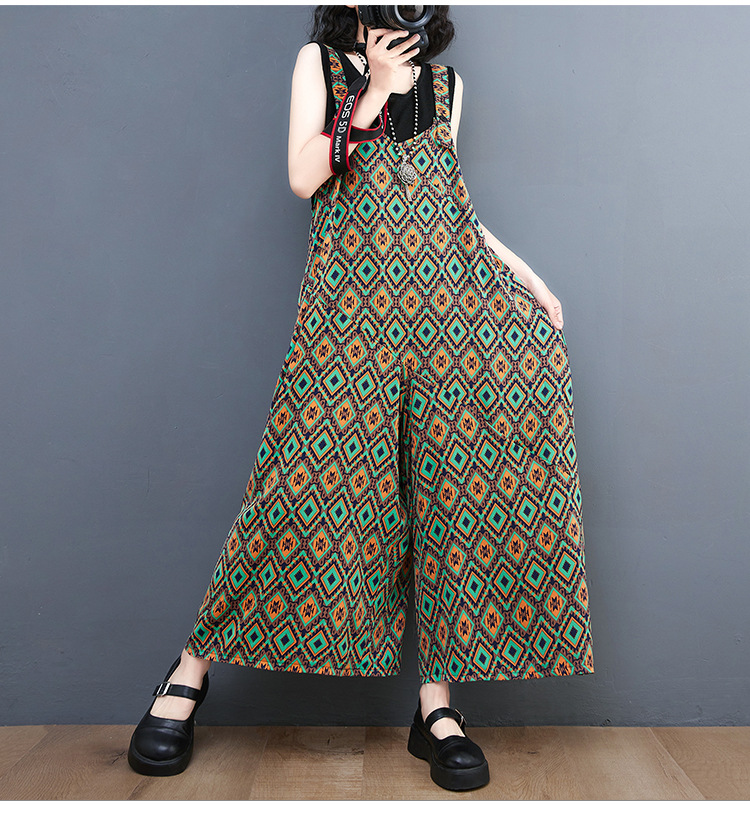 Loose Diamond Print Suspender Jumpsuit