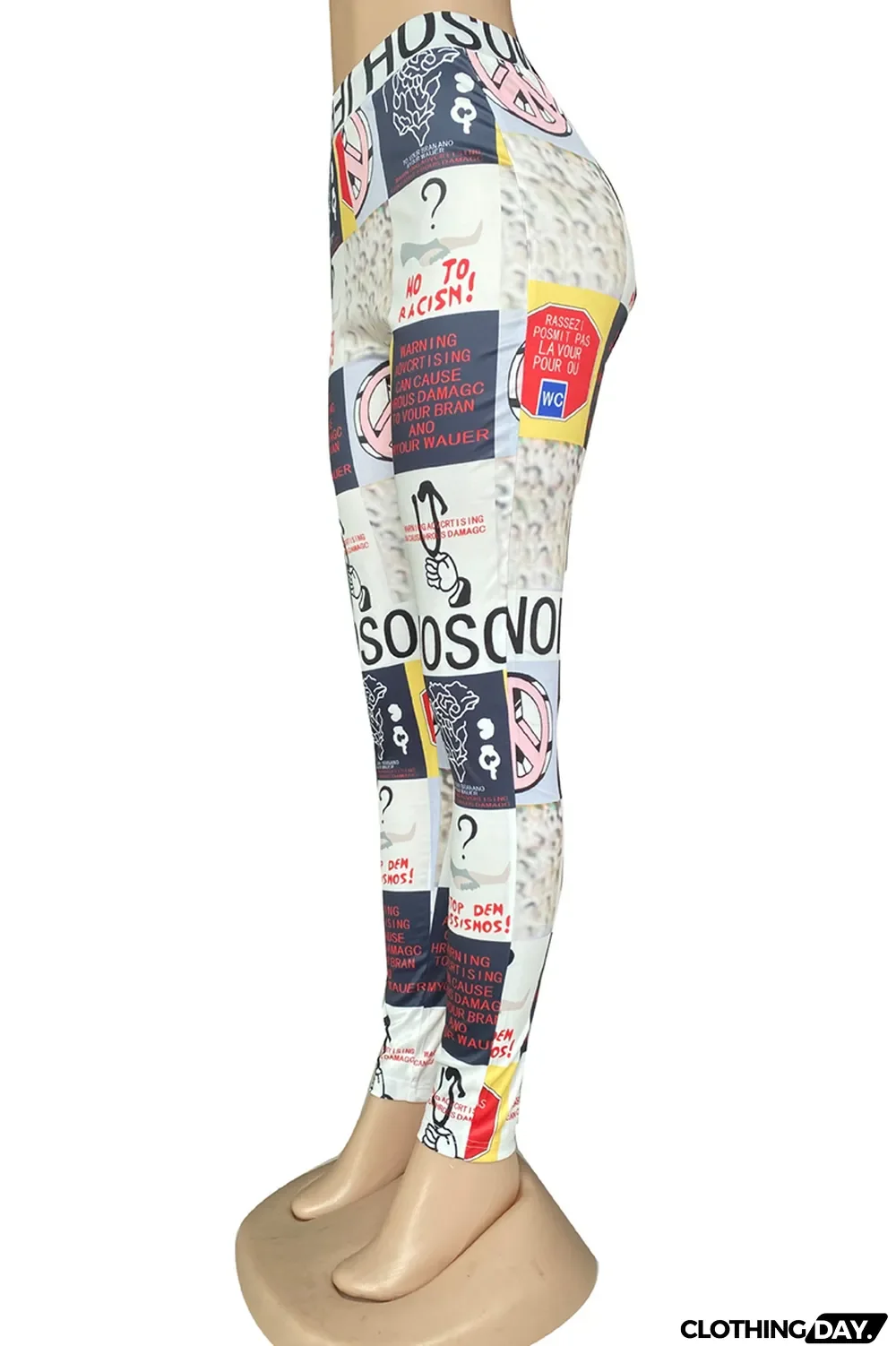 White Casual Print Split Joint Skinny High Waist Pencil Full Print Bottoms