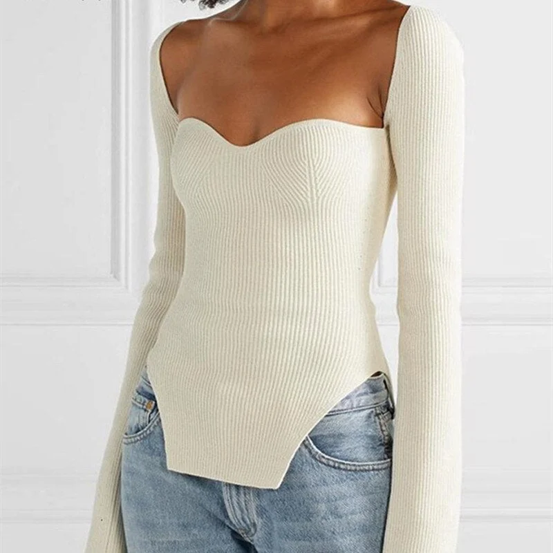 Yiallen White Side Split Knitted Women's 2022 Sweater Square Collar Long Sleeve Sweaters Female Autumn Fashion New Clothes Hot
