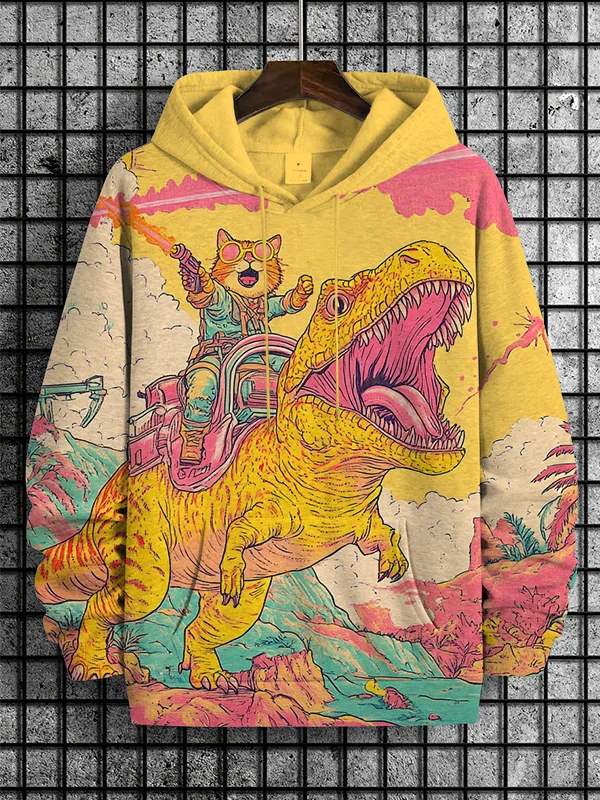 Men's Cat And Dinosaur Fantasy Art Print Casual Hoodie