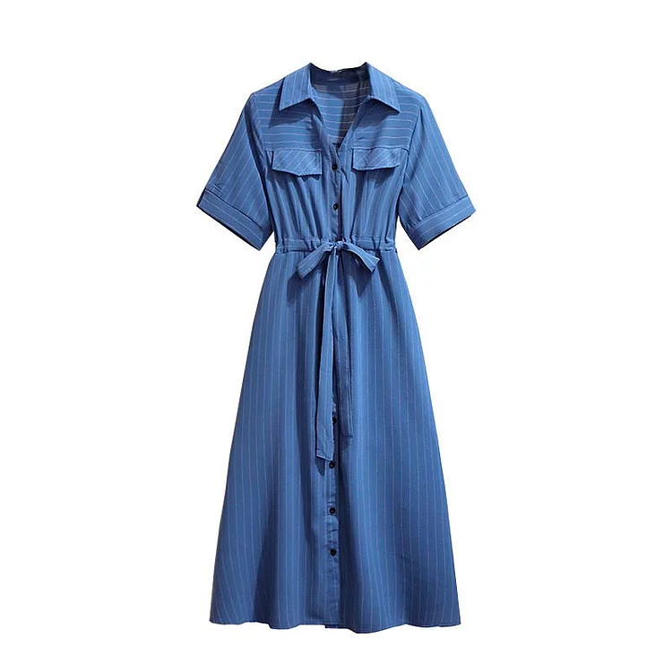 Lapel Lace Up Stripe Shirt Dress - Modakawa modakawa