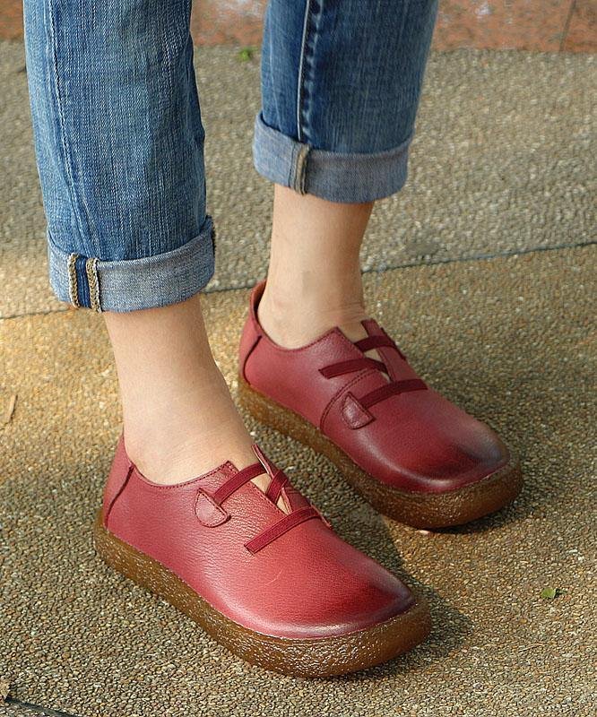 Fitted Cross Strap Flat Shoes For Women Red Genuine Leather