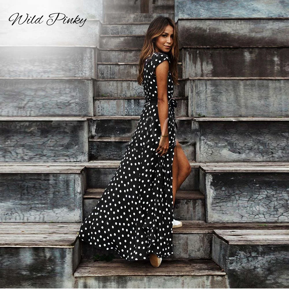 WildPinky Boho Polka Dot Long Dresses Women Split Short Sleeve Summer Casual Dress 2021 Streetwear Black Maxi Dress Vestidos