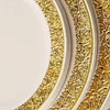 10 Pack | 7" Gold Lace Rim Ivory Plastic Dessert Appetizer Plates, Disposable Salad Plates