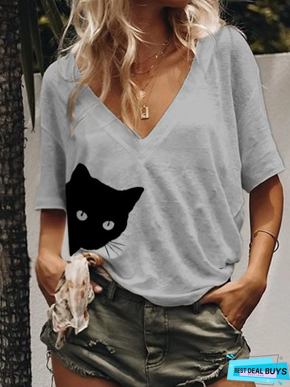 Cats Short Sleeve Floral-Print T-shirt