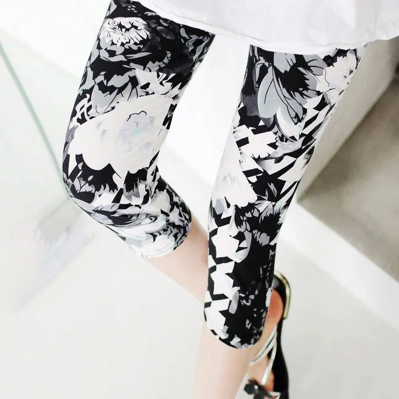 High Waist Floral Printed Fitness Leggings Mid-Calf Elastic Women Capris Push Up Trousers
