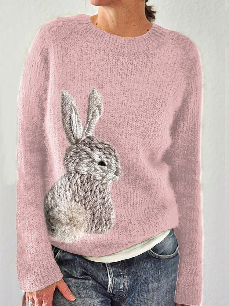 Cute Bunny Embroidery Art Cozy Knit Sweater wearshes