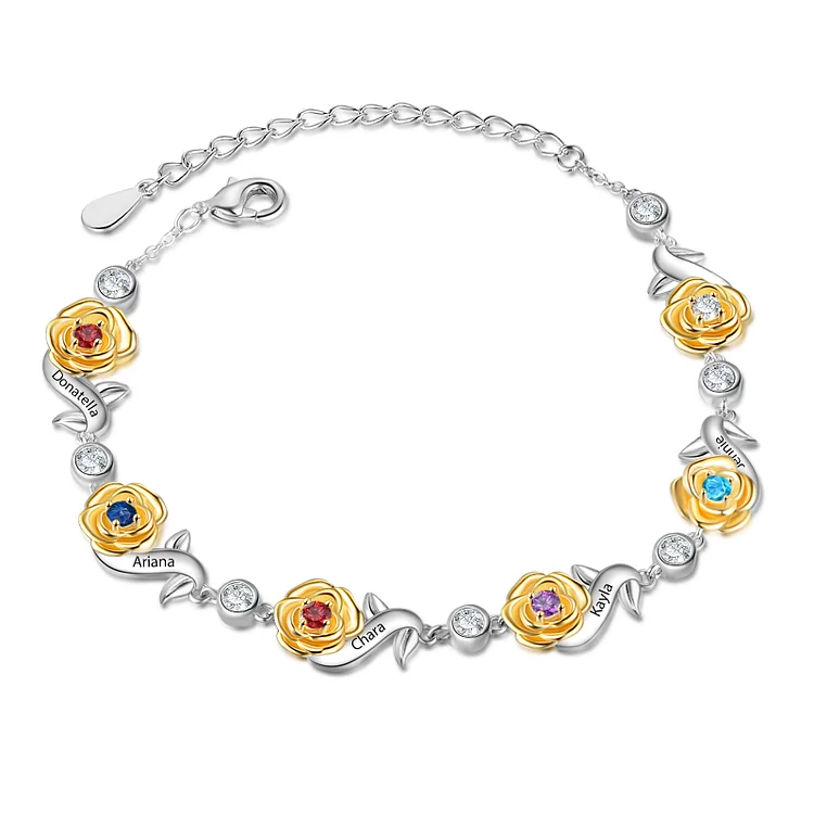 Flowers Bracelet Personalized 5 Birthstones Bracelet Engraved Names Flowers Charm Gifts For Her