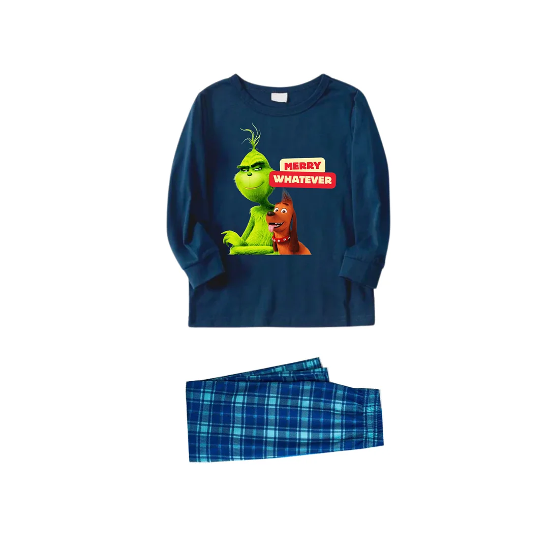 Cartoon Pattern and "Merry Whatever" Text Printed Blue Top Sky Blue Plaid Pants Family Matching Pajamas