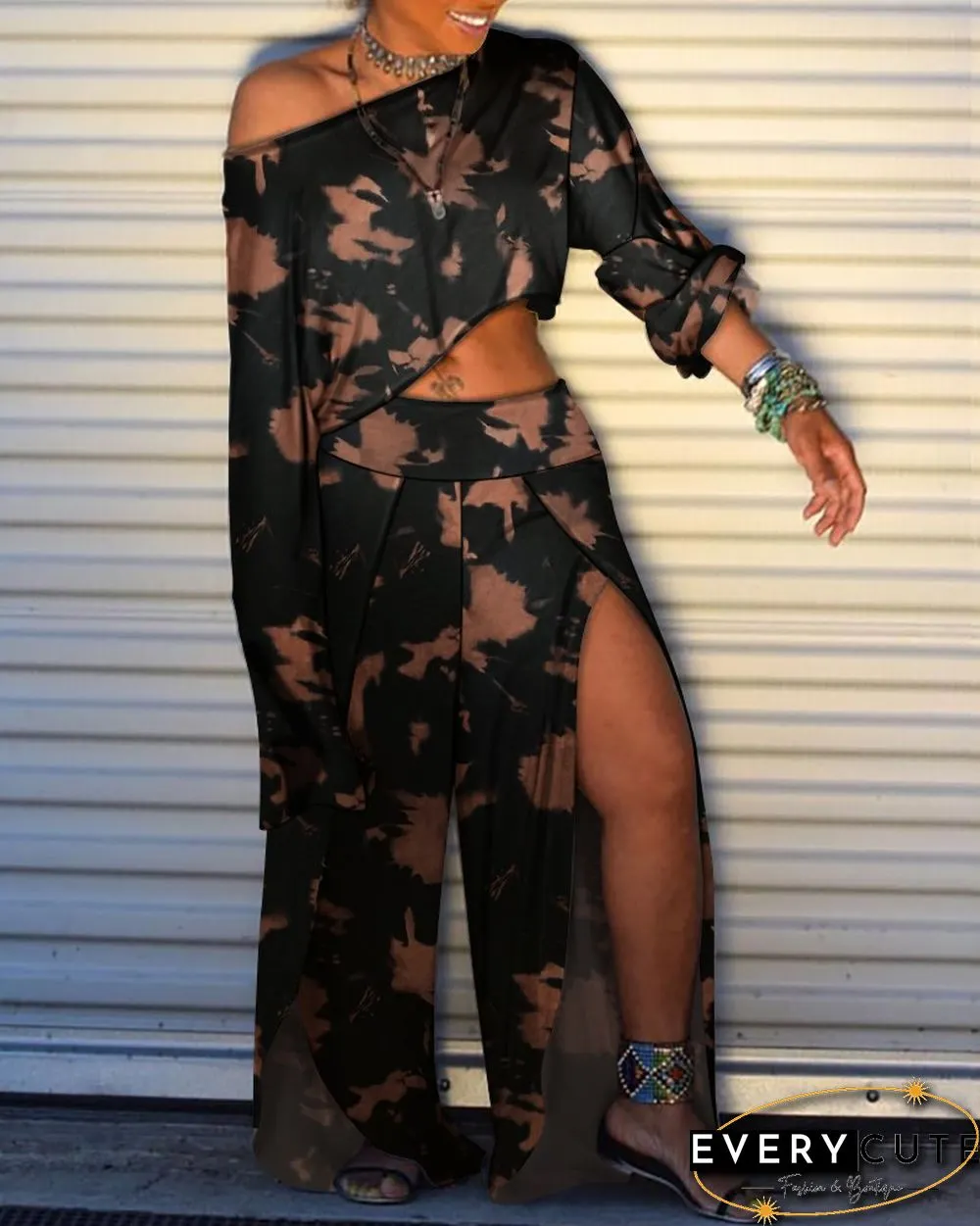 Tie Dyed Floral Print Long Sleeve T-shirt & Slit Pant Sets