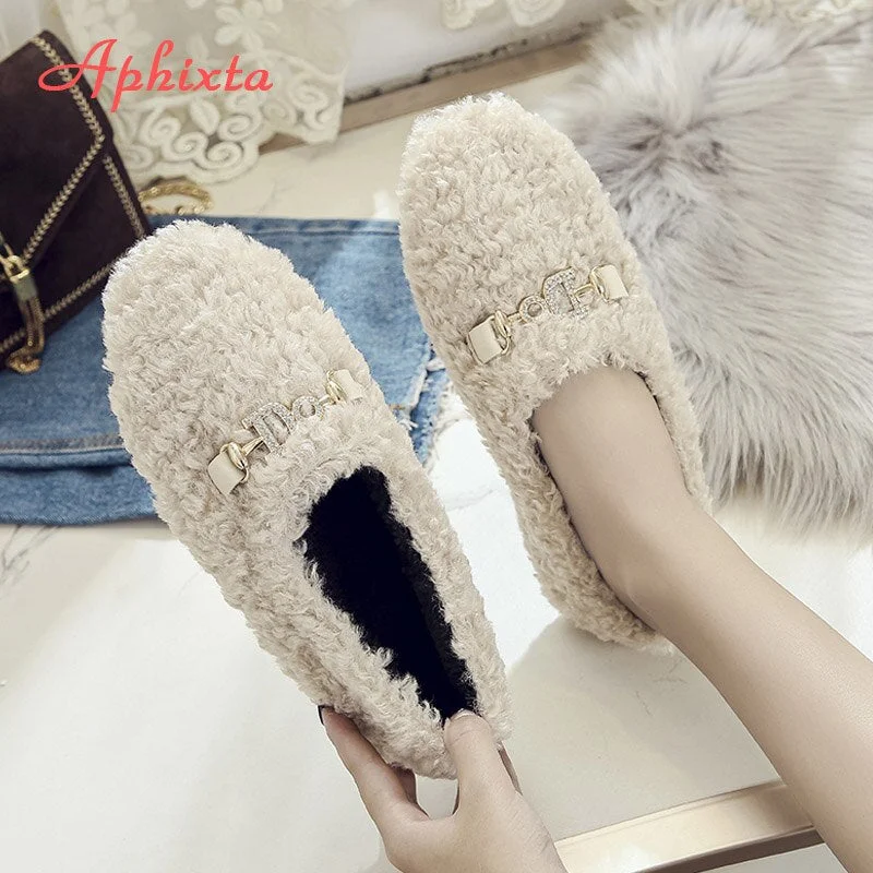 Aphixta New Winter Loafers Women Flats Heel Shoes Crystal Metal Buckle Warm Fur Female Ladies Slip On Shoes Plus Size 35-44