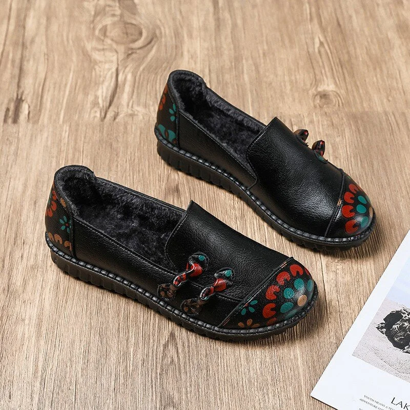 Winter Retro Elegant Ladies Flats Shoes With Warm Plush Woman Loafers Female Lightweight Moccasins Mother Shoes Plus Size 35-41