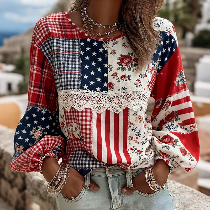  Women's Patchwork Floral Print Casual Linen Blend T-shirt Westsshops