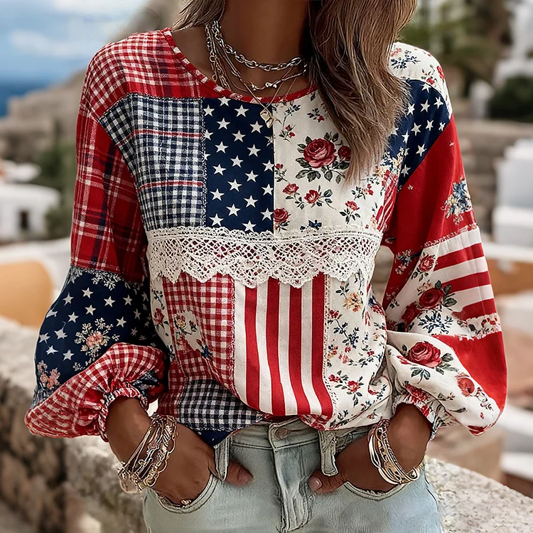 Women's Patchwork Floral Print Casual Linen Blend T-shirt