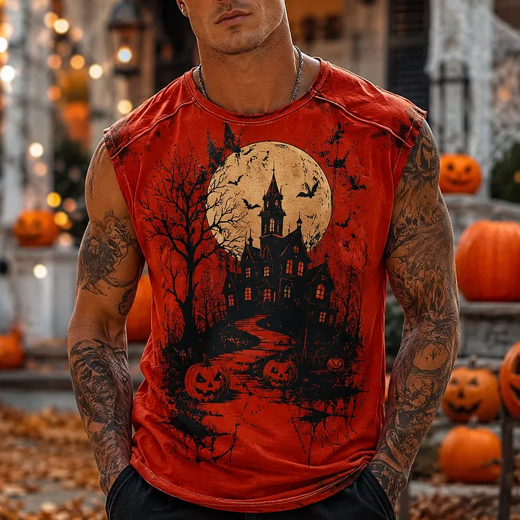 Men's Casual Sleeveless Muscle Tank Top In Distressed Red With Halloween Haunted Castle And Full Moon Print