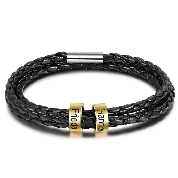 Pulsera de cuero trenzado Pulsera de hombre con 2 nombres personalizados con 2 perlas