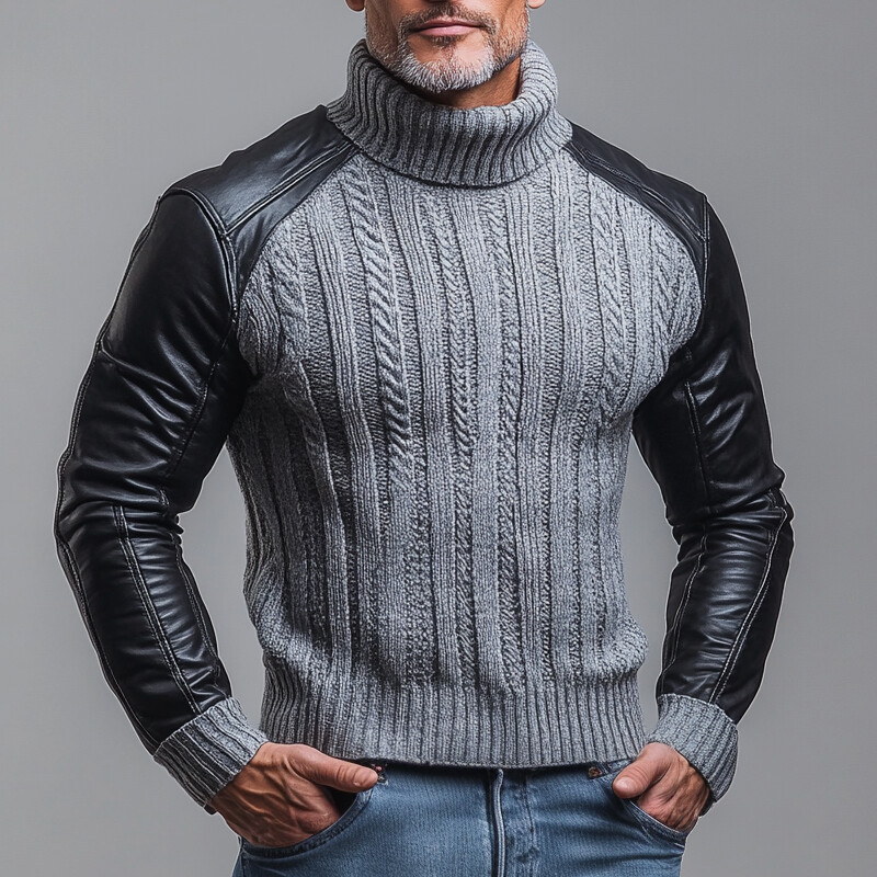 Men's Casual Knit Patchwork PU Leather Long Sleeve Turtleneck Sweater