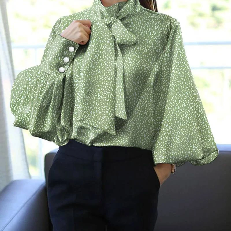 Celmia 2022 Fashion Bow Tie Elegant Top Women Lantern Sleeve Printed Blouse Elegant Ladies Shirt High Collor Casual Party Blusas