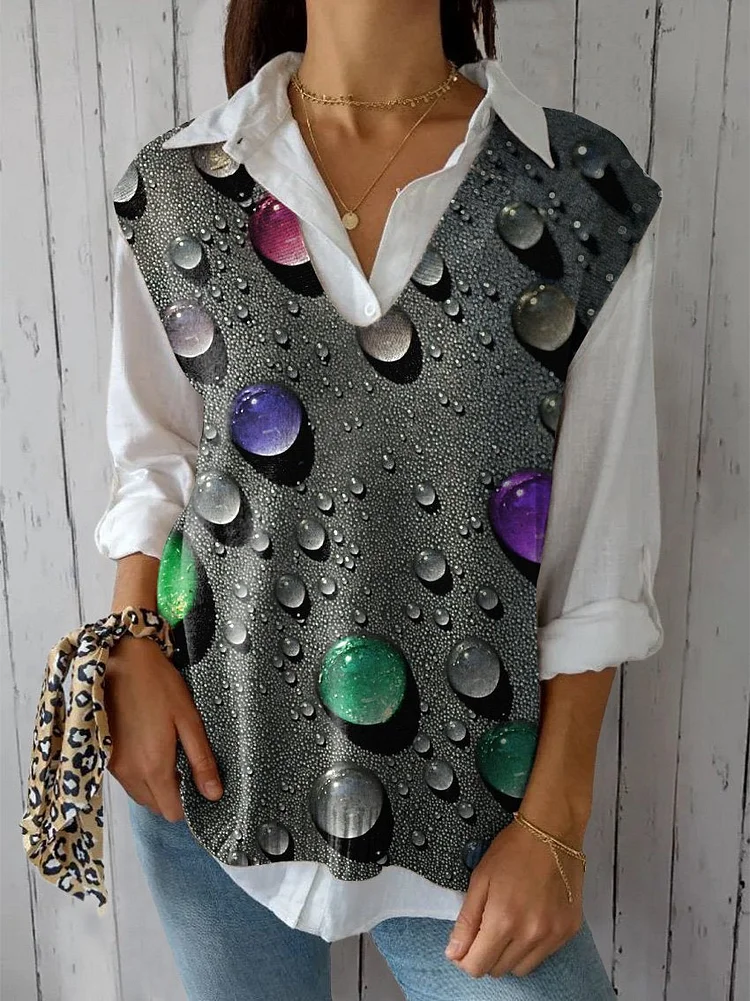 Rainbow Color Water Droplet Art Printed Women's Versatile Knitted Vest