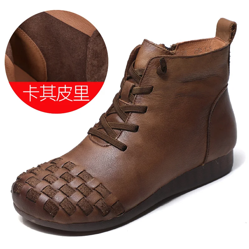 Yyvonne Time 138] National Wind Leather Hand-Woven Flat Bottom Short Boots Cow Skin Boots Soft Bottom Women's Cotton Boots