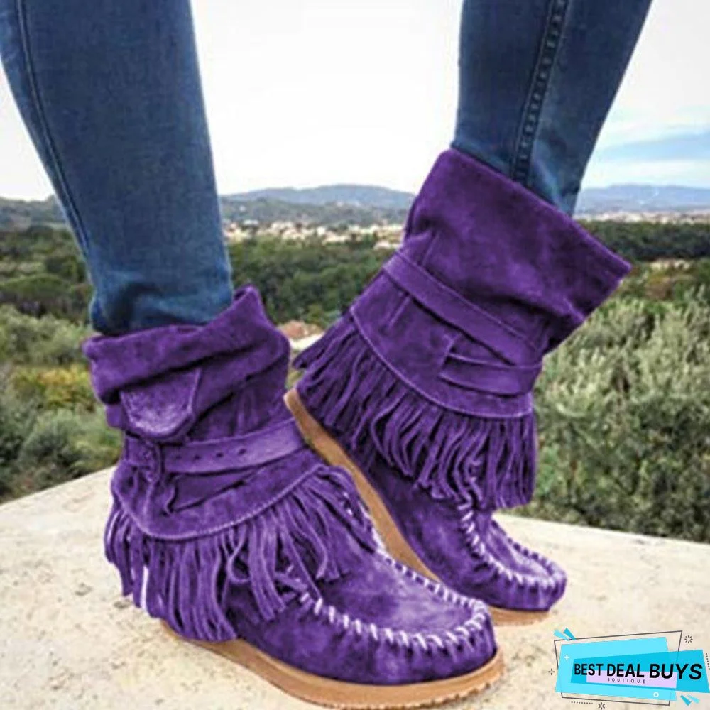 Women's Fringe Round Toe Retro Boots