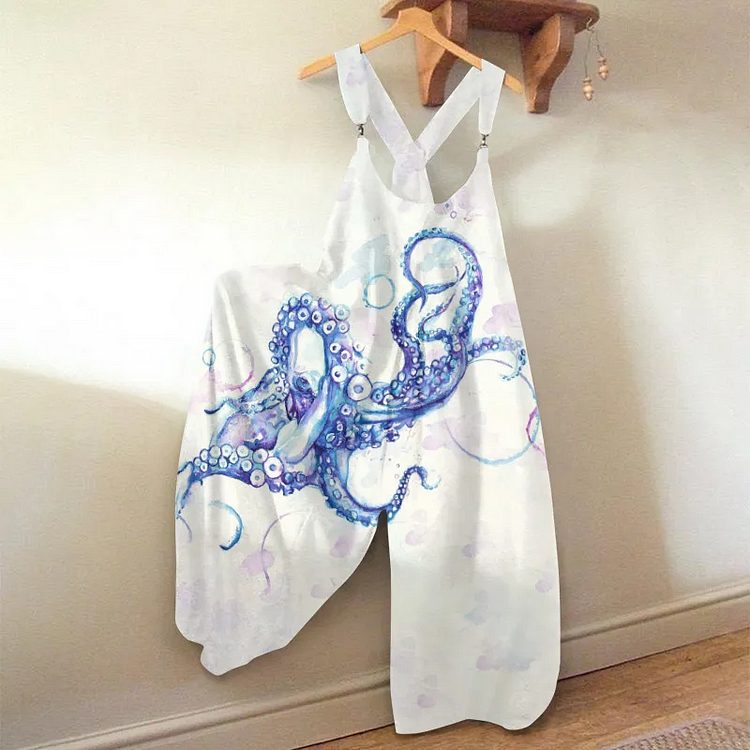 Vacation Casual Octopus Watercolor Art Print Loose Casual Jumpsuit