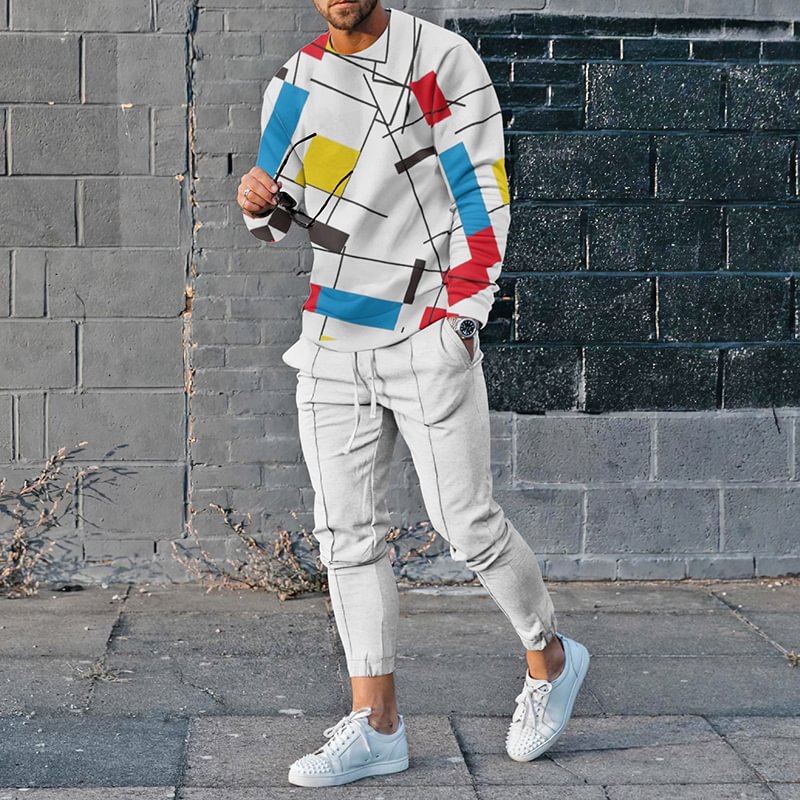 Irregular Square Lines Printing Tracksuit Two Piece Set
