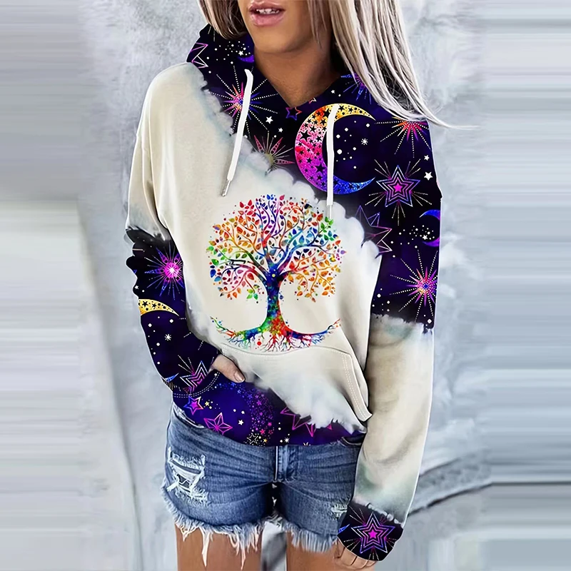 Spinkrin first day of school Moon Print Drawstring Hoodie Casual Long Sleeve Hooded Sweatshirt Women's Clothing Hoodies