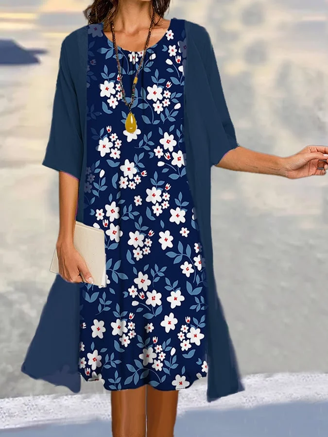 Women's Fashionable And Elegant Printed Dress Chiffon Blouse Two-Piece Set