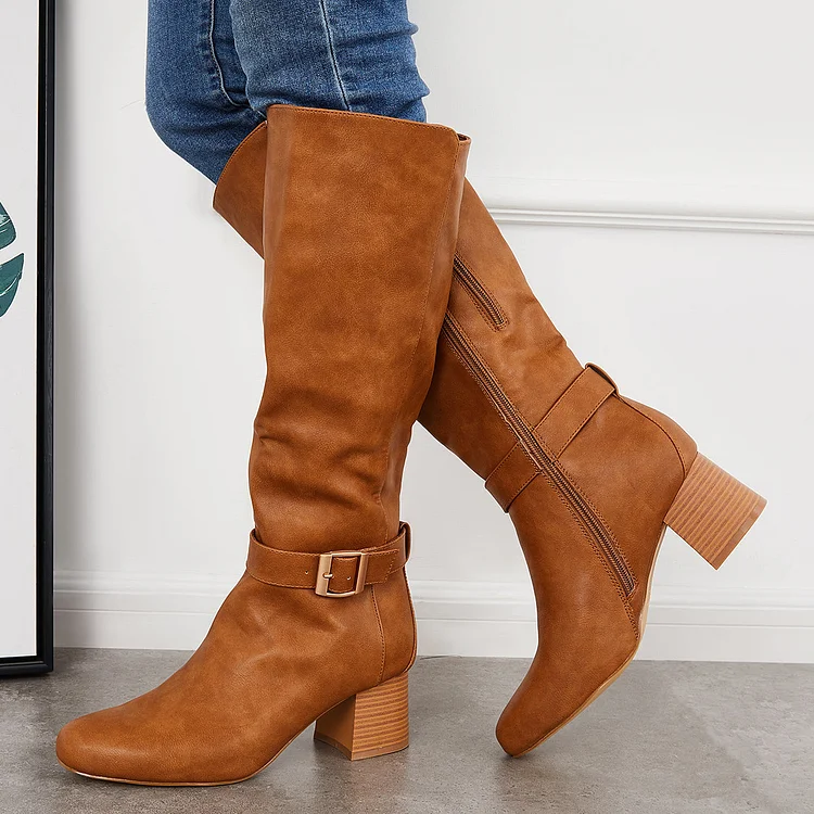 Buckle Knee High Riding Boots Chunky Block Heel Wide Calf Boots