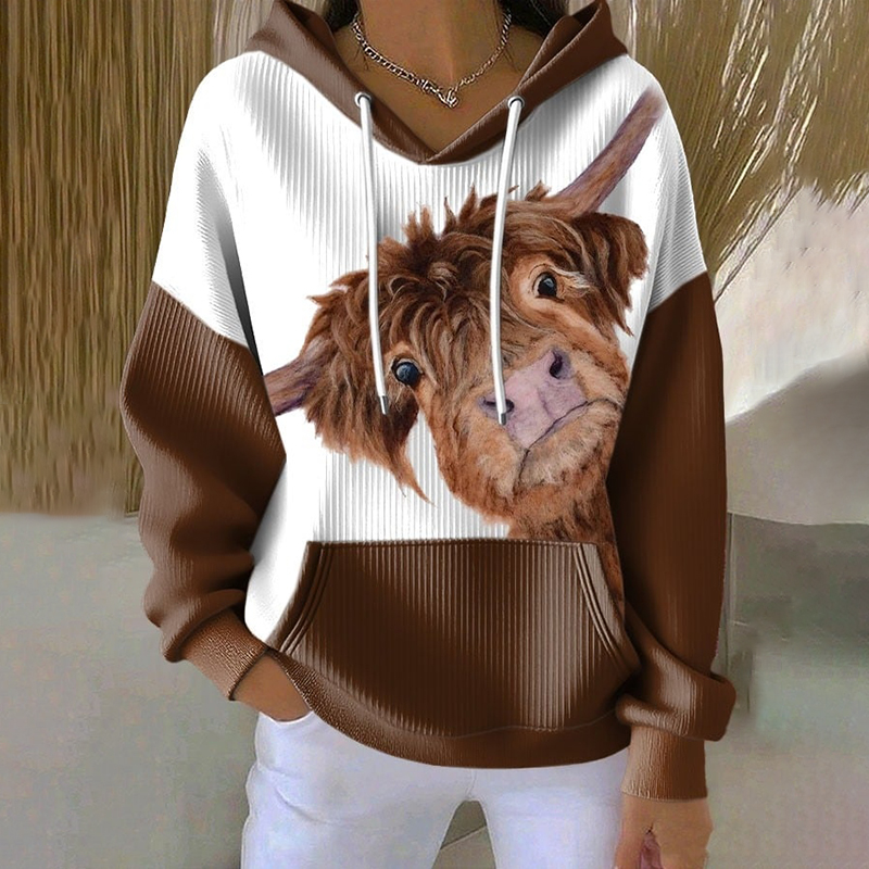 Women's Highland Cow Print Long Sleeve Casual Hoodie elevenforest