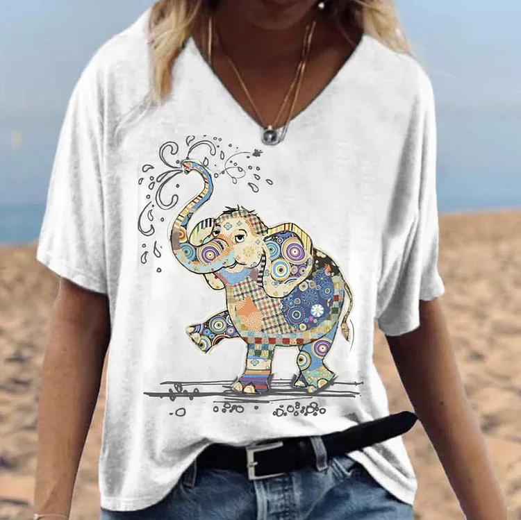 Elephant Animal Printed V-neck T-shirt