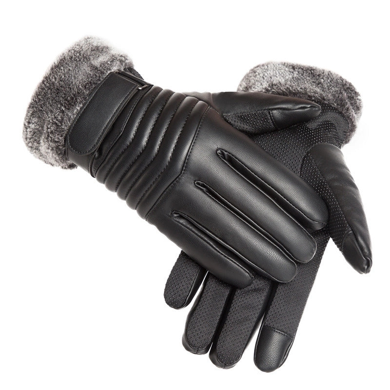 Gloves Winter Men’s Wool Mouth Plus Velvet Warm Gloves Outdoor Riding Motorcycle PU Touch Screen Cotton Gloves