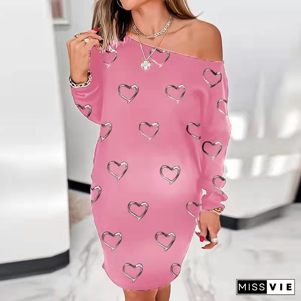 3D Printed Round Neck Long Sleeve Loose Dress