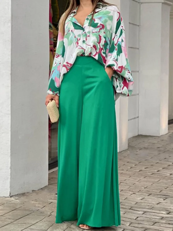  Loose Long Sleeves Floral Printed Blouses + High-Waisted Solid CoLor Wide Leg Pants Trousers Two Pieces Set