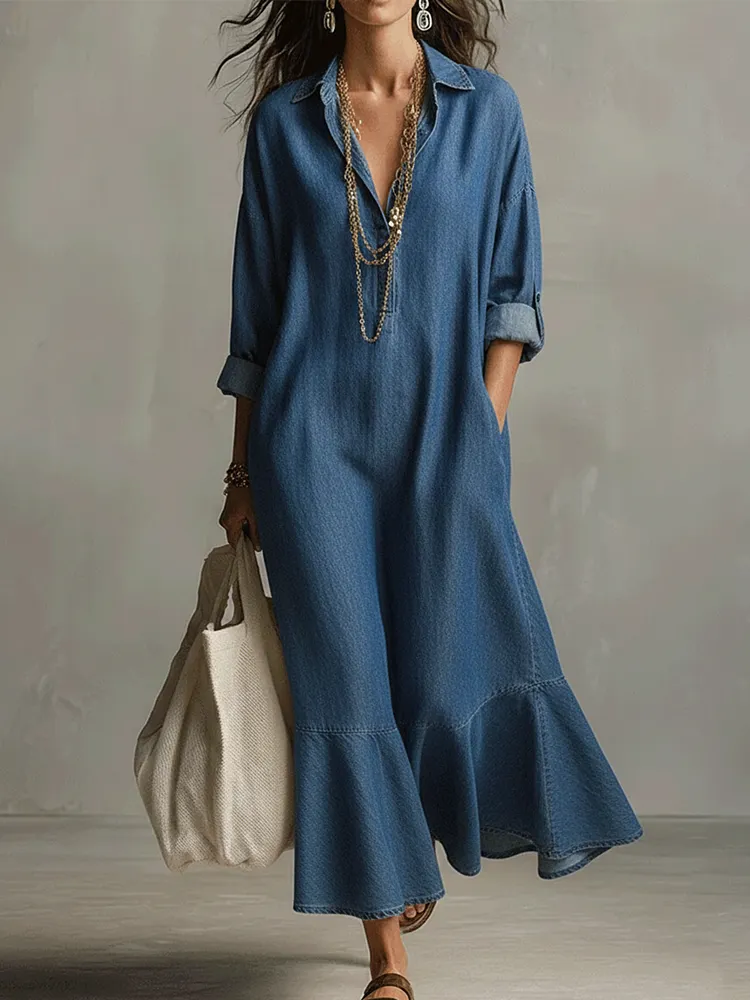 Romantic Ruffled Hem Denim Dress