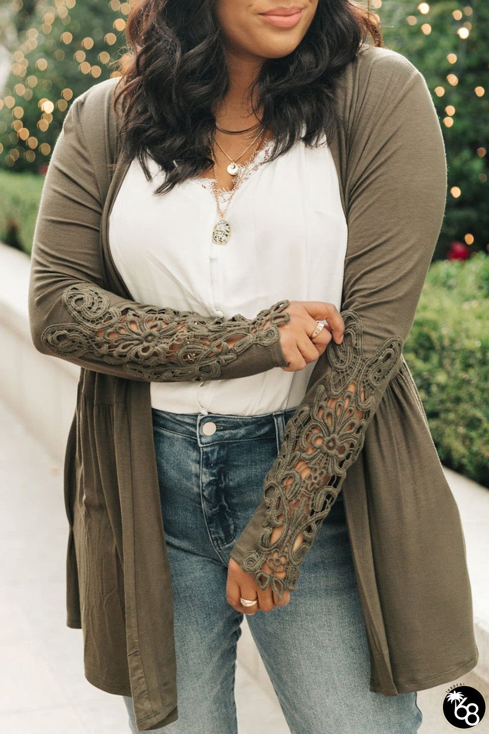 Green Crochet Lace Sleeve Cardigan | 168DEAL