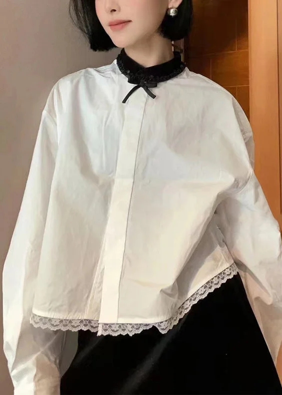 French White Solid Lace Patchwork Cotton Blouse Long Sleeve