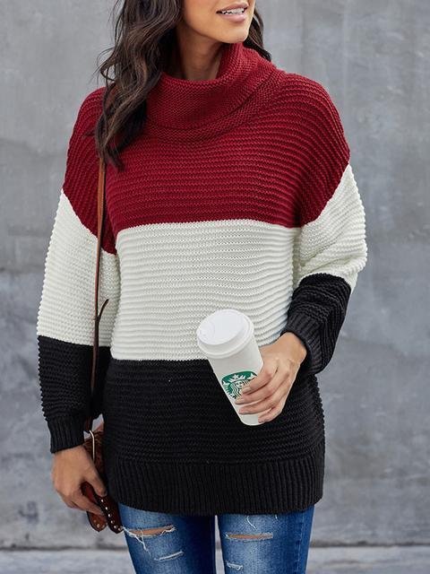 Turtleneck Color Block Pullover Sweater-elleschic
